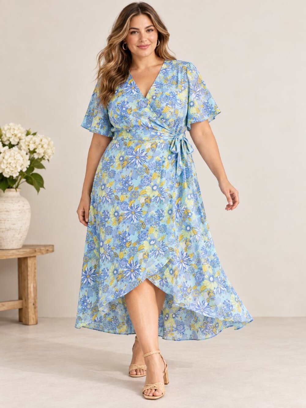 ModCloth Dressed For My Delight Silk Floral Wrap Midi Dress Blue 2X